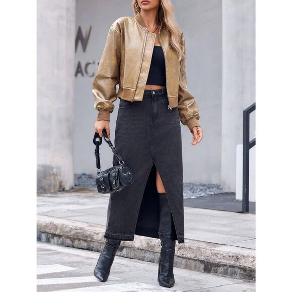 Women Cream 100% Synthetic Leather Baseball Collar Zip Up Cropped Biker Coat - Picture 4 of 6